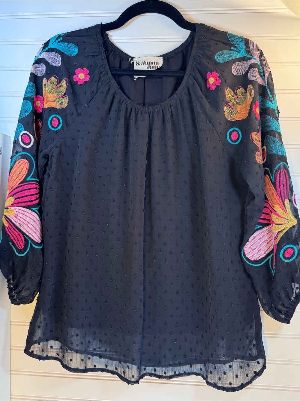 Savanna Jane Black Swiss Dot Floral Embroidered Boho Blouse Size S - Picture 2 of 5